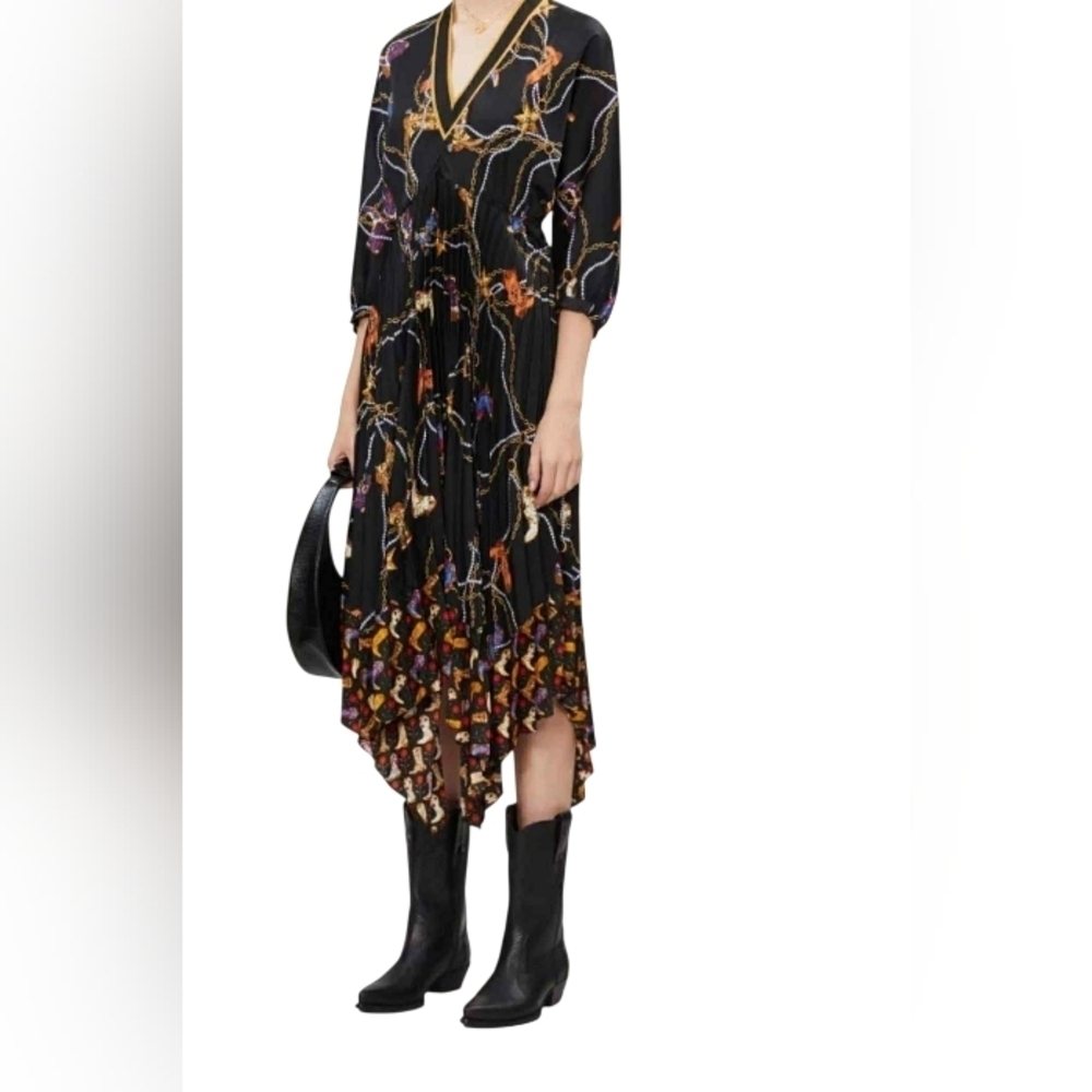 Sandro Black Asymmetrical Longsleeve Pleated Midi Dress, with Cowboy Boots EUC